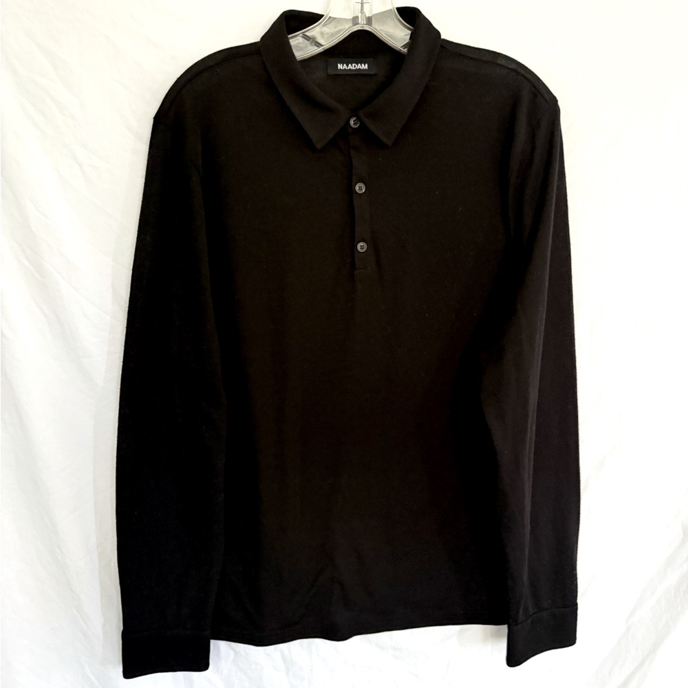 NAADAM Men’s L Wool blend Black Long Sleeve Polo breathable minimalist elevated